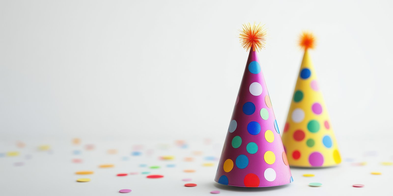 Colorful party hats with polka dots and confetti create a festive atmosphere for celebrations and gatherings